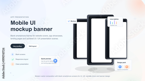 Minimal mobile UI mockup banner with three blank smartphone frames and floating interface cards for website covers and landing page design