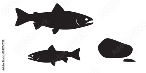 Freshwater Trout Fish and River Stone Silhouettes