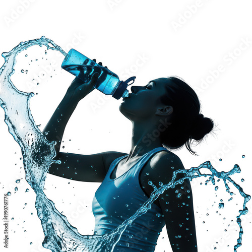 Person drinking water from a bottle with droplets of water flying around