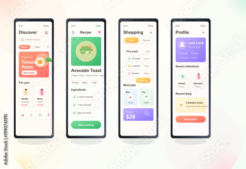 Set of four food recipe mobile app screens with discover page, meal detail, shopping list, and profile interface in soft minimal pastel style