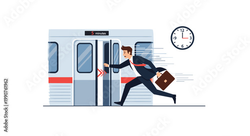 A frantic businessman in a dark professional suit sprints with great speed toward the closing doors of a modern subway train under a large wall clock in a clean station.