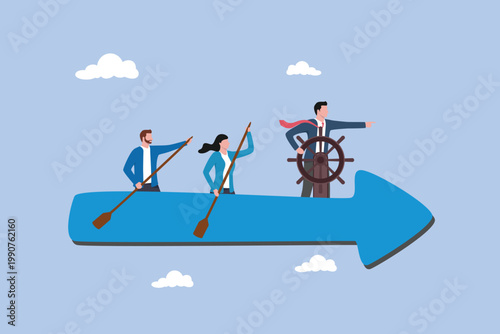 Businessman manager lead people teamwork sailing arrow, manager to motivate team or company to move forward concept, leadership to lead team to the right direction, employee teamwork to help success.