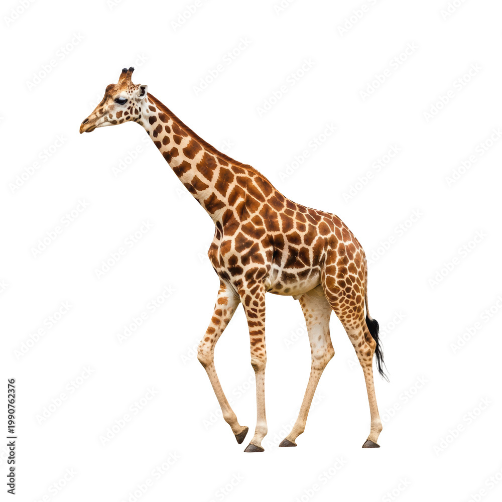 Obraz premium A giraffe walking isolated on transparent background with long neck and legs