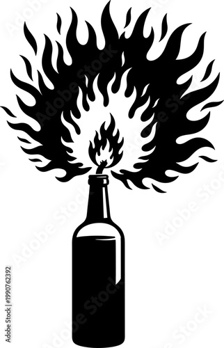 Molotov cocktail silhouette with flaming rag wick