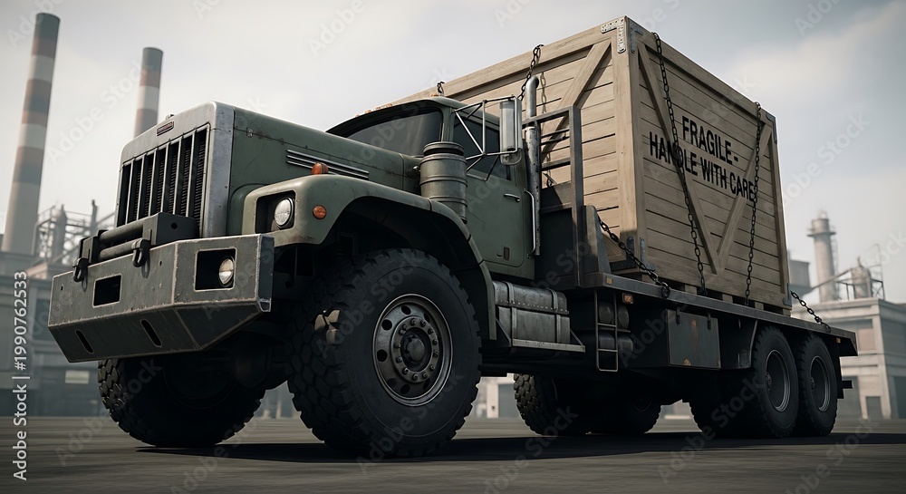 Obraz premium A large military truck transports a fragile cargo container through an industrial area