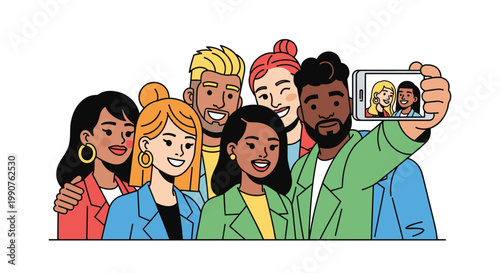 A stylish multicultural team of professionals in vibrant blazers poses for a collaborative group selfie while looking directly into the high-definition smartphone camera.