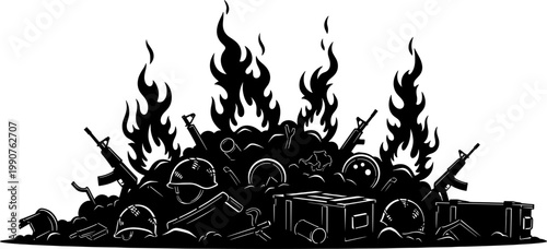 Pile of discarded military weapons and gear burning