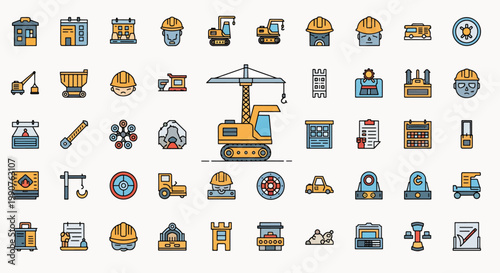 Construction Industry Icons Set Vector Building Equipment Tools Worker Hard Hat Safety Helmet Crane Truck Mining Rock