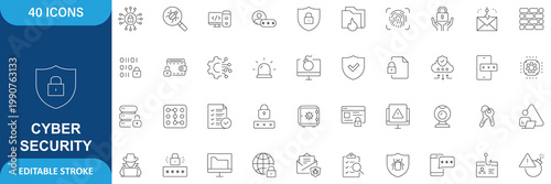 Cyber Security Icon Set. Containing Data Protection, Network Security, Privacy, Encryption, Firewall, Hacking, Malware, Antivirus and More. Editable Stroke. Vector Illustration