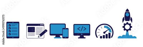 Set of icons representing the web development and digital marketing process from planning to launch