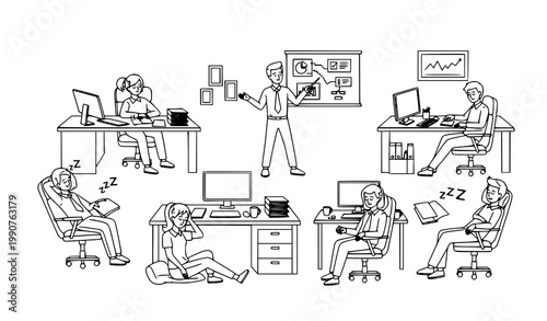 Funny Modern Office Line Drawing Showing Overworked Employees Sleeping During Business Presentation in Workplace Vector Illustration