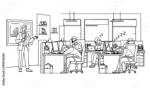 Modern Office Workplace Line Art Illustration Showing Employee Presentation With Tired Staff Sleeping in Background Vector Concept