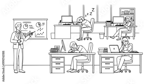 Minimal Office Workplace Line Art Vector Illustration of Business Presentation With Distracted Sleeping Employees in Background Scene