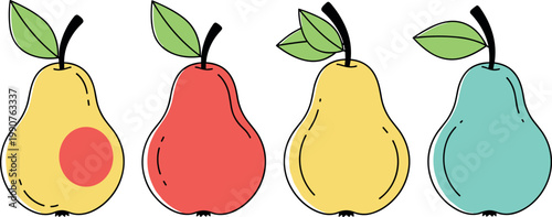 Set of colorful pear icons in flat doodle line art style with yellow red and teal colors isolated on white background vector illustration