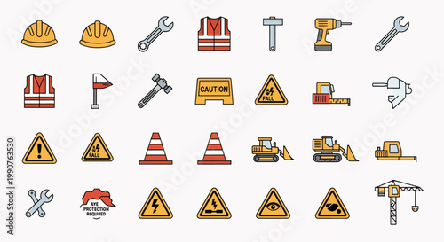 Construction Site Safety Icons Set Hard Hats Wrench Reflective Vest Caution Sign Road Cones Heavy Machinery and Tools