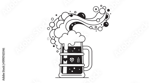 Minimalist beer mug illustration with frothy bubbles and decorative icons for bar menu design or craft brewery branding projects in clean black and white style