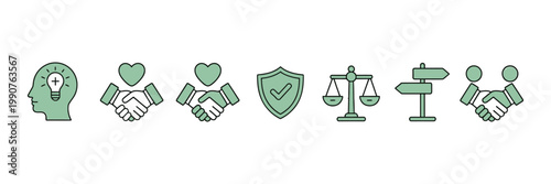 Social responsibility and business ethics green outline icons