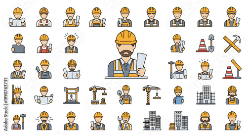 Construction worker icons set, builders and architect professionals, tools and buildings, flat design vector collection