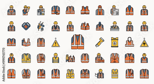 Construction worker safety equipment icons, including safety vests, hard hats, and warning signs for industry