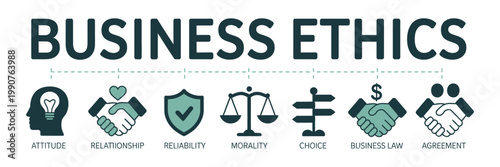 Business ethics banner with icons for corporate values and morality