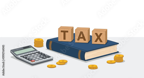 Three meticulously crafted wooden blocks spelling the word tax rest atop a thick blue hardcover book surrounded by stacks of gold coins and a calculator.