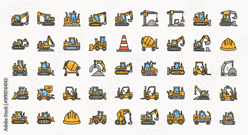 Seamless Pattern of Construction Vehicles and Equipment Icons in Flat Style, Yellow and Blue Color Palette