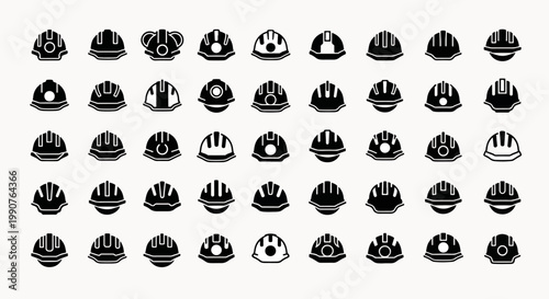 Collection of black hard hat icons representing safety and protection for construction workers and industrial environments
