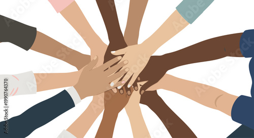 A large group of diverse hands with different skin tones are stacked together in a central pile against a stark and clean white background setting.