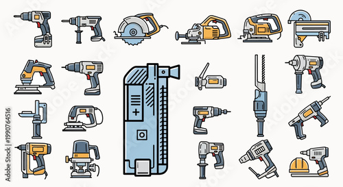Collection of colorful power tools icons and illustrations including drills, saws, sanders and routers set on white background