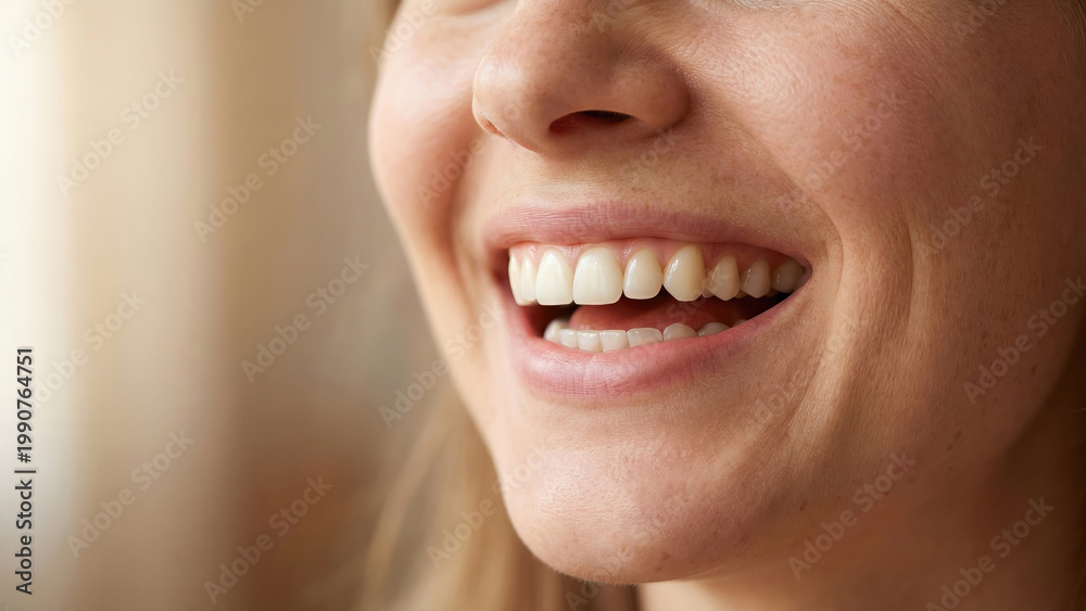 Fototapeta premium Close-up of a happy young woman laughing with a natural smile and healthy white teeth.