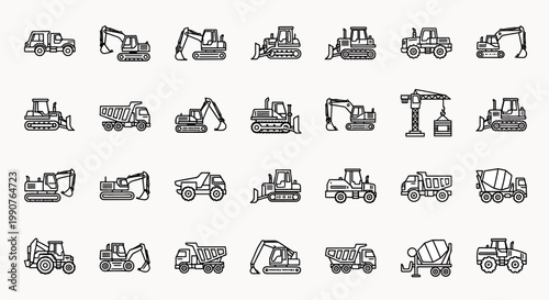 Collection of construction heavy machinery and vehicles outline icons set, heavy equipment vector illustration