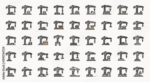 Collection of Construction Tower Cranes Icons and Symbols for Building Industry Projects, Flat Outline Vector Graphics