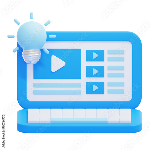 3D illustration of a laptop displaying video content with a glowing lightbulb symbolizing ideas and creativity, perfect for marketing and digital media concepts