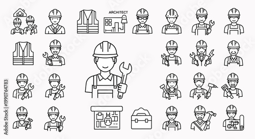 Collection of diverse construction workers and architect icons with tools and blueprints for industry and engineering themes