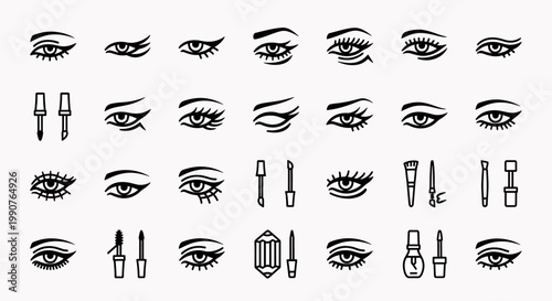 Collection of eyeliner styles and makeup brushes for eyes, artistic makeup illustration and beauty icons