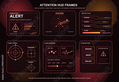 Futuristic red warning HUD frame set with alert panels, attack radar, target reticles, alarm controls, and neon callout elements on dark background