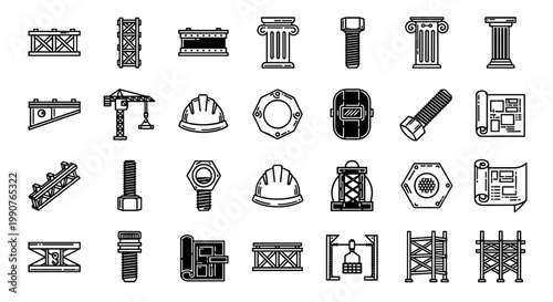 Construction Elements Icons Set Scaffolding Crane Building Materials Safety Helmets Architectural Blueprint Industrial Tools