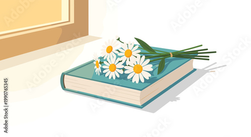 A pristine teal hardcover book lies flat on a sunlit white surface while a delicate bunch of white daisies rests gracefully across its front cover.
