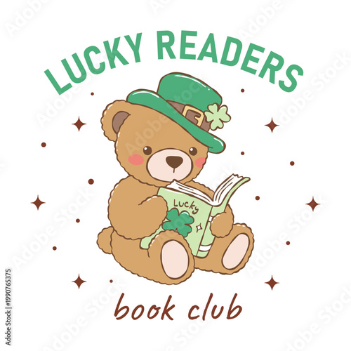 Lucky Reader Teddy vector, St. Patrick s Day Bookish, Lucky Teddy Reading Hand Drawn Design Vector