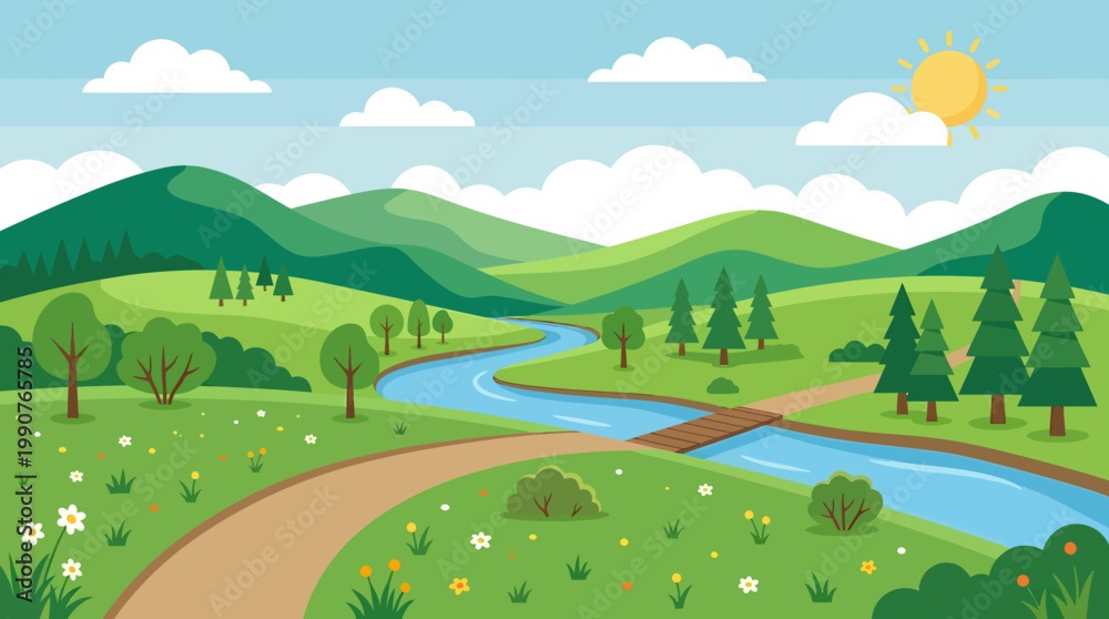 Fototapeta premium A serene landscape of a winding river flowing through rolling hills and mountains under a sunny sky