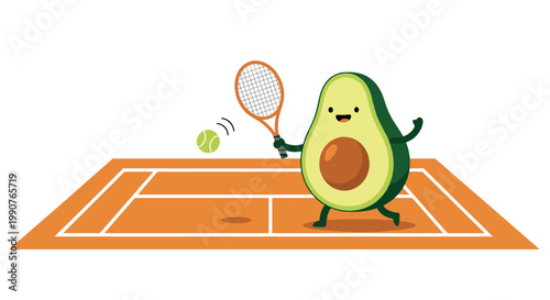 A joyful avocado character celebrates on a vibrant orange clay tennis court while holding a brown racket as a green ball zips through the air.