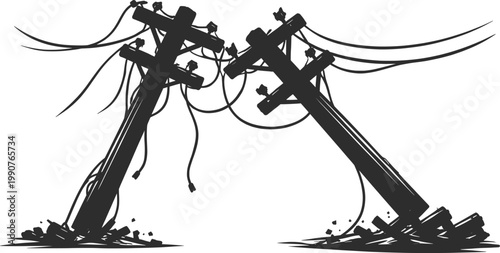 Broken Electric Poles Vector Illustration Black and White Power Line Damage.