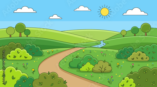 A serene landscape of rolling hills and trees under a sunny sky with a winding road.