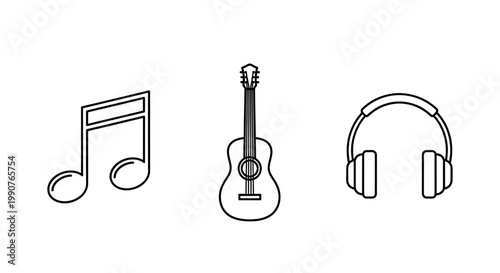 Iconic Music Instrument Icons Featuring Guitar Note And Headphones.