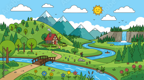 A serene landscape with a house, bridge, river, and waterfall under a sunny sky with mountains.