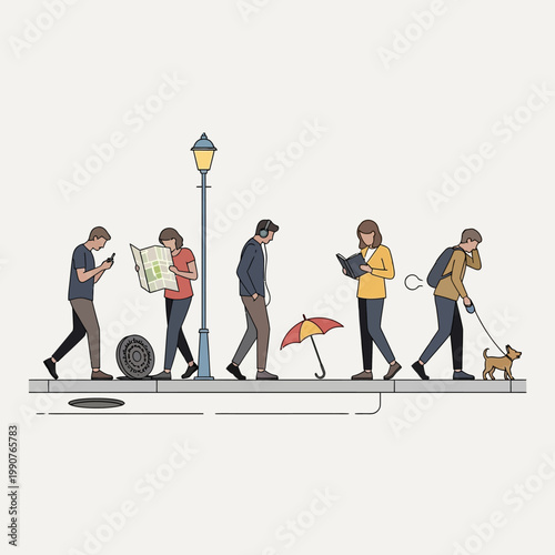 Diverse People Walking on City Street Illustration