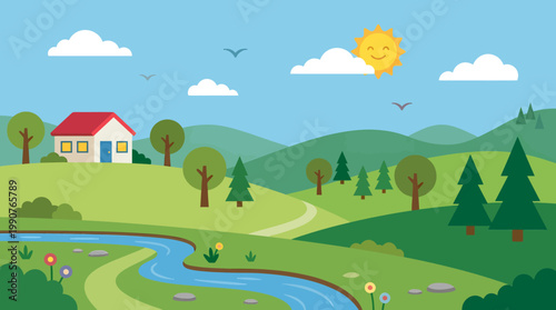 A serene landscape scene with a winding river, trees, and a house on a hillside under a sunny sky with clouds.