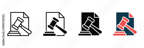 Court gavel and document icons in line art solid and duotone styles