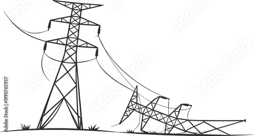 Fallen Transmission Tower Vector Illustration Black and White Power Line Collapse.
