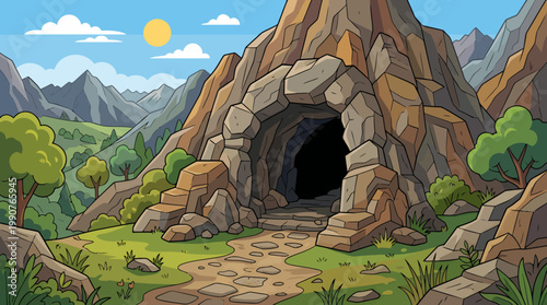A scenic mountain landscape with a cave entrance surrounded by trees and a pathway leading to it under a sunny sky with clouds.